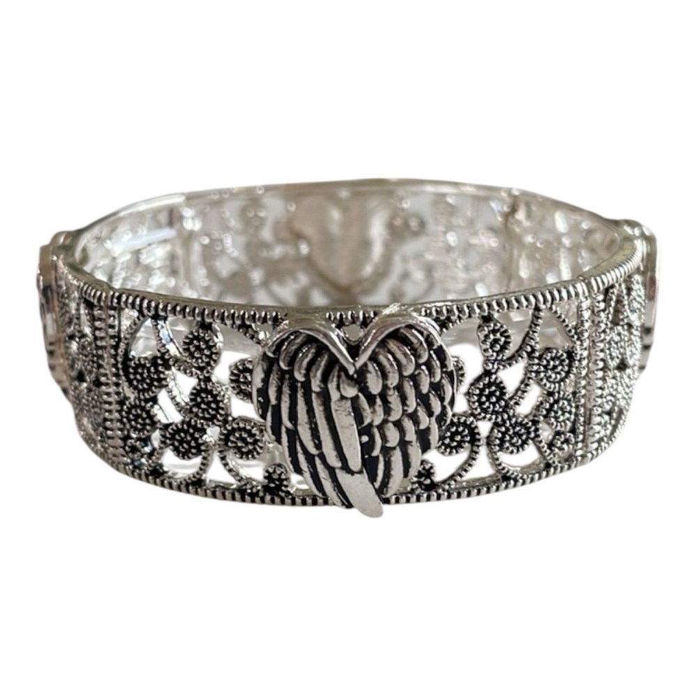 ANTIQUE SILVERTONE 'BELIEVE BLESSED FAITH' WING SCROLL BRACELET